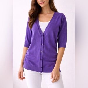 Roz & Ali Purple Cardigan Short Sleeve Button Front Size L